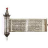 A small Esther scroll, megillah, the case with with coral bead finial, unmarked, assumed silver,