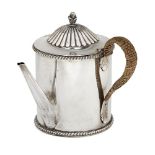 A silver gravy argyle with wicker side handle, the base hallmarked London, c.1981, London Assay