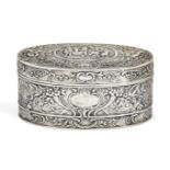 A German silver repousse trinket box, c.1900, stamped 800, maker unknown, of oval form, with