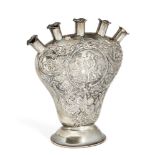 A Continental white metal vase with five ventricles, possibly German, unmarked, of heart-shaped