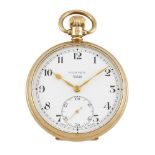 A 9ct gold open-face pocket watch, the white enamel dial with Arabic numerals, subsidiary dial for