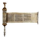 A parcel gilt silver cased HaMelech Esther scroll, megillah, apparently unmarked, possibly Ottoman