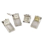 Four silver purse watches, all with rectangular engine turned slide action cases, three by Vertex