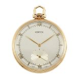 A 9ct gold open-face dress pocket watch, by Vertex, the silvered dial with Roman gilt numerals,