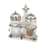 A matched three-piece silver mounted cruet set, the stand and tall mustard Sheffield, c.1876, Thomas