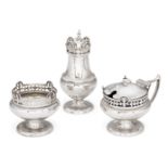 A three-piece silver cruet set, Birmingham, c.1940, Harrison & Hipwood, each piece with pierced