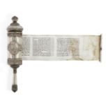 A small silver cased HaMelech Esther scroll, megillah, marked in Hebrew 'Bezalel Jerusalem' and in