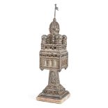 A silver filigree spice tower of architectural form, by the Bezalel school, Jerusalem, c.1920,