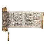 A small parcel gilt silver cased HaMelech Esther scroll, megillah, apparently unmarked, probably