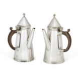 A pair of side-handled silver café-au-lait pots, Sheffield, c.1922, Thomas Bradbury & Sons Ltd, of