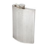 A large Continental silver hip flask, stamped sterling, 3/4 pint, of curved rectangular form with