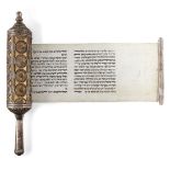 A large Israeli parcel gilt and filigree cased HaMelech Esther scroll, megillah, by the Bezalel