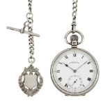 A silver open-face pocket watch and watch chain, the white enamel dial with Roman numerals,