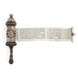 A miniature 20th century silver cased Esther scroll, megillah, c.1925, the scroll guard inscribed '