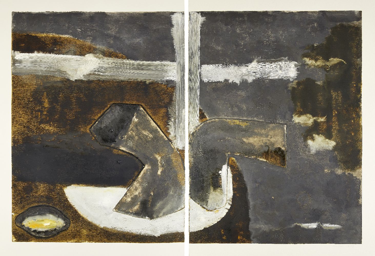 John Walker, British b.1939- Untitled Monotype (Diptych), 1989; two panel monotype in colours on