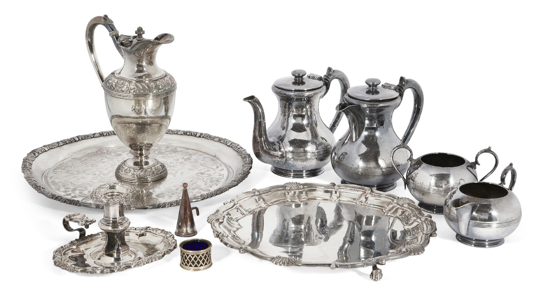 A group of silver plated items comprising: a Walker & Hall silver plated tea set (tea pot, hot water