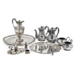 A group of silver plated items comprising: a Walker & Hall silver plated tea set (tea pot, hot water