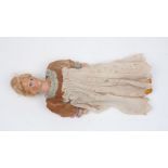 A Victorian wax over composition doll, circa. 1890, in period dress, blonde hair, set with blue