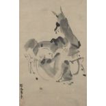 A Japanese ink drawing, late 19th century, depicting a man with llama, signed and sealed Morunobu,