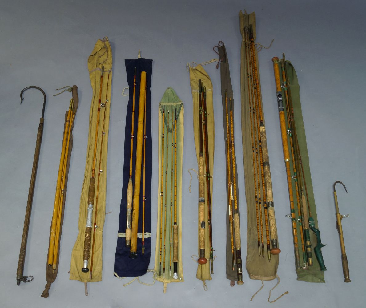 A collection of fishing tackle, including rods, reels, etc., and including a Hardy Bros.3 inch St.