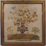 A silk embroidered picture,19th century, depicting a vase of flowers, in green and yellow palette,