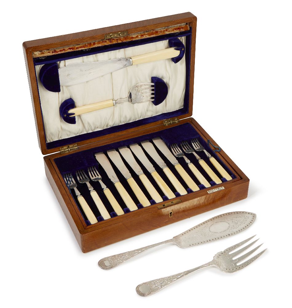 A canteen of ivory-handled silver fish knives and forks for twelve, Sheffield, c.1918, Mappin &