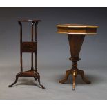 Victorian walnut and inlaid work table, the octagonal top (locked without key) on tapered column