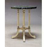 A cream painted occasional table, late 20th Century, with green faux marble top on column supports