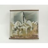 A modern worked glass picture from Cyprus of a village mosque, of stylised composition, with