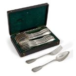 A cased set of French silver tablespoons and forks, with bigorne mark for Paris, 1938-1984,