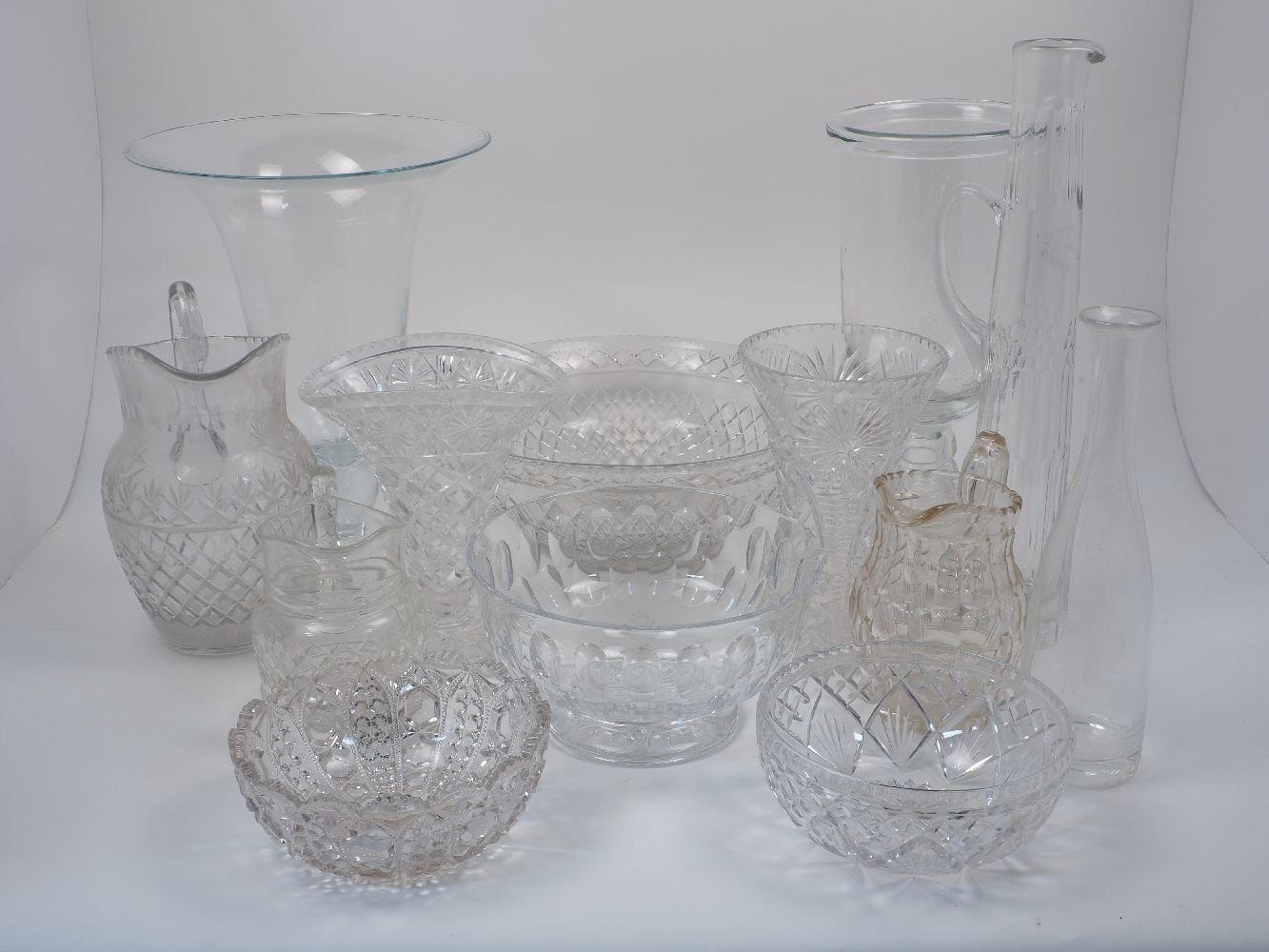 A group of modern glassware items, to include a tazza with flared rim of large proportions, with