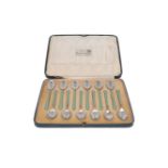 A cased set of twelve enamelled silver coffee spoons, Birmingham, c.1934, Turner & Simpson,