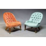 A pair of Victorian style button back nursing chairs, 20th Century, one upholstered in green