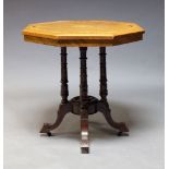 A walnut and inlaid occasional table, late 19th, early 20th Century, the octagonal top with floral
