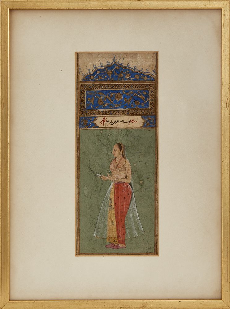 A provincial Mughal portrait of a courtesan, India, late 18th century, opaque pigments heightened