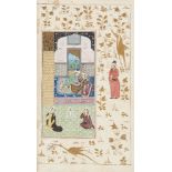 A Mughal style illustration from a manuscript, appears to be signed lower right, India, 20th