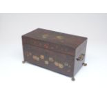 A Victorian mahogany tea caddy of rectangular form, the exterior designed with hand painted floral
