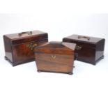 Three George III mahogany tea caddies, the largest of rectangular form with brass fittings opening