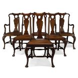 A set of six Queen Anne style mahogany dining chairs, 20th century, the shaped crest rail above