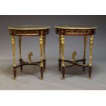 A pair Louis XVI style mahogany, parquetry and ormolu mounted gueridons, mid 20th Century, the