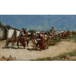 Eugenio Lucas Villamil, Spanish,1858-1918- People preparing for a festival outside a village; oil on
