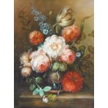 Style of Jan van Os, mid 20th century- Flowers on a ledge; oil on panel, 25.5x20cmPlease refer to