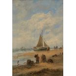 Edwina W Lara, British act. 1850-1882- Fishermen gathering nets on a beach; oil on canvas, signed,