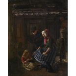 Johan Frederik Busch, Danish 1825-1883- Family in a cottage interior; oil on canvas laid down on