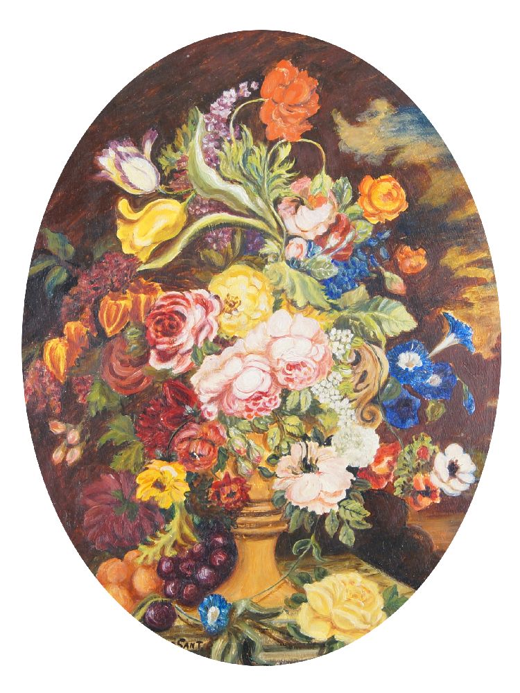 Julia Sant, mid-20th century- Flowers in an urn with a clouded sky beyond; oil on board, oval,