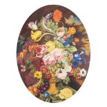 Julia Sant, mid-20th century- Flowers in an urn with a clouded sky beyond; oil on board, oval,