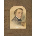 British School, mid-late 19th century- Portrait of a young man; watercolour, signed indistinctly,