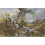 After Myles Birket Foster RWS, British 1825-1899- Children playing with a pond yacht; reproduction