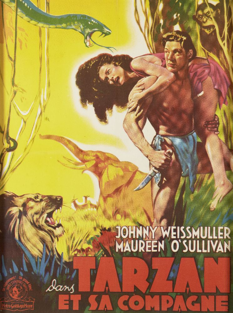 A 'TARZAN ET SA COMPAGNE' movie poster, starring 'Johnny Weissmuller and Maureen O'Sullivan',