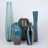 A group of five decorative vases, to include: a blue baluster form example with mottled bronze